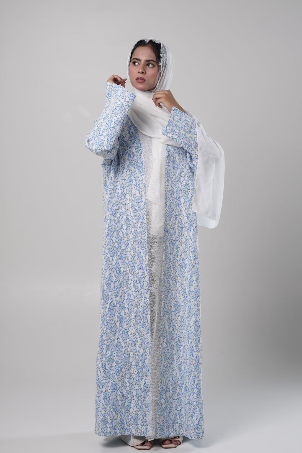 Dima — Blue Printed Chantilly Abaya