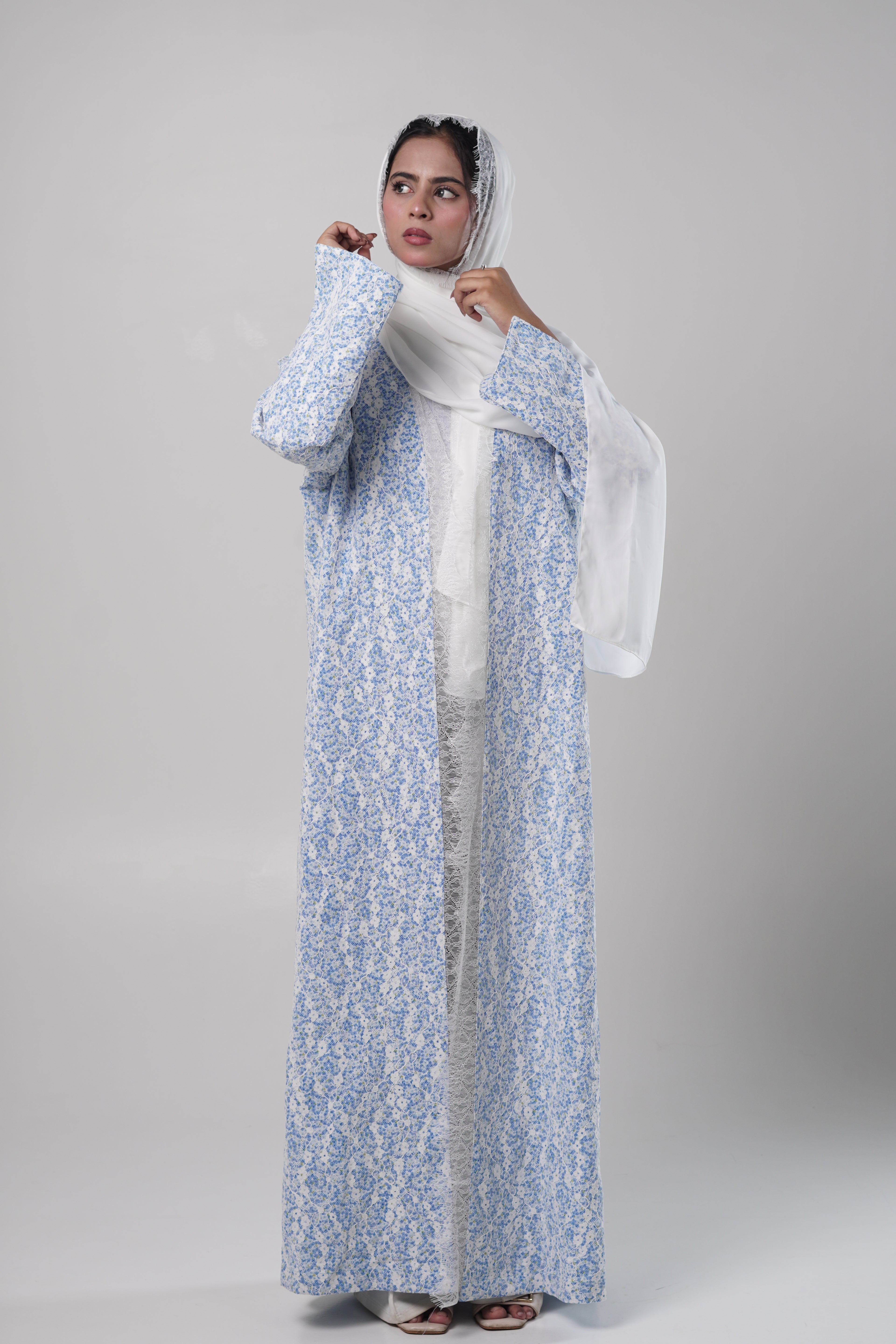 Dima — Blue Printed Chantilly Abaya