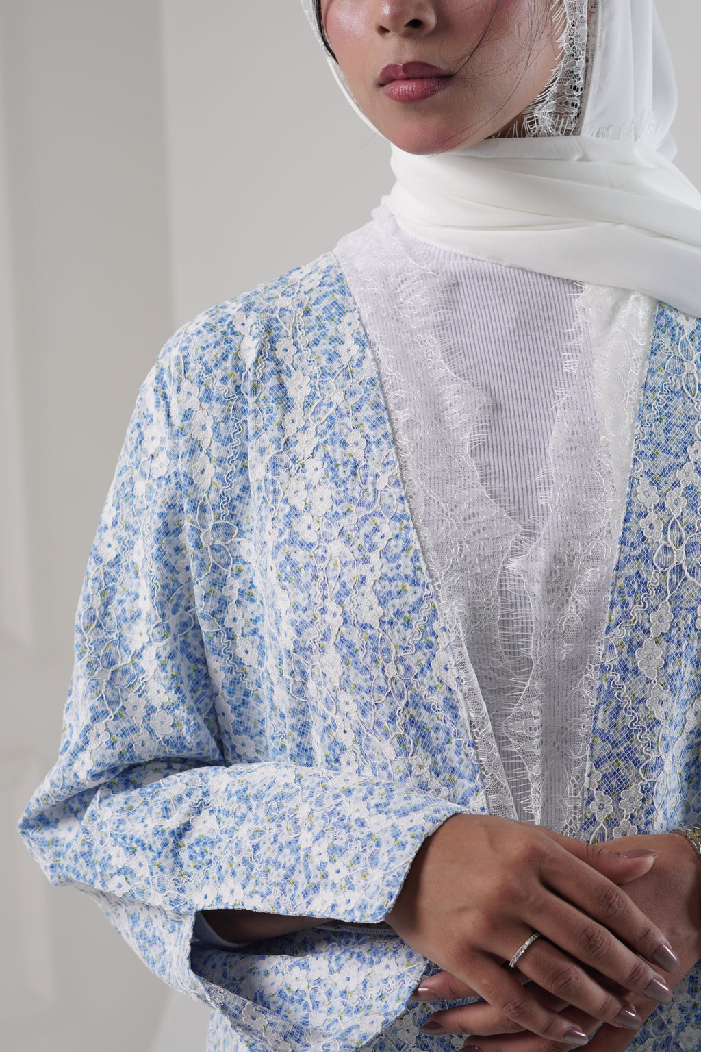 Dima — Blue Printed Chantilly Abaya