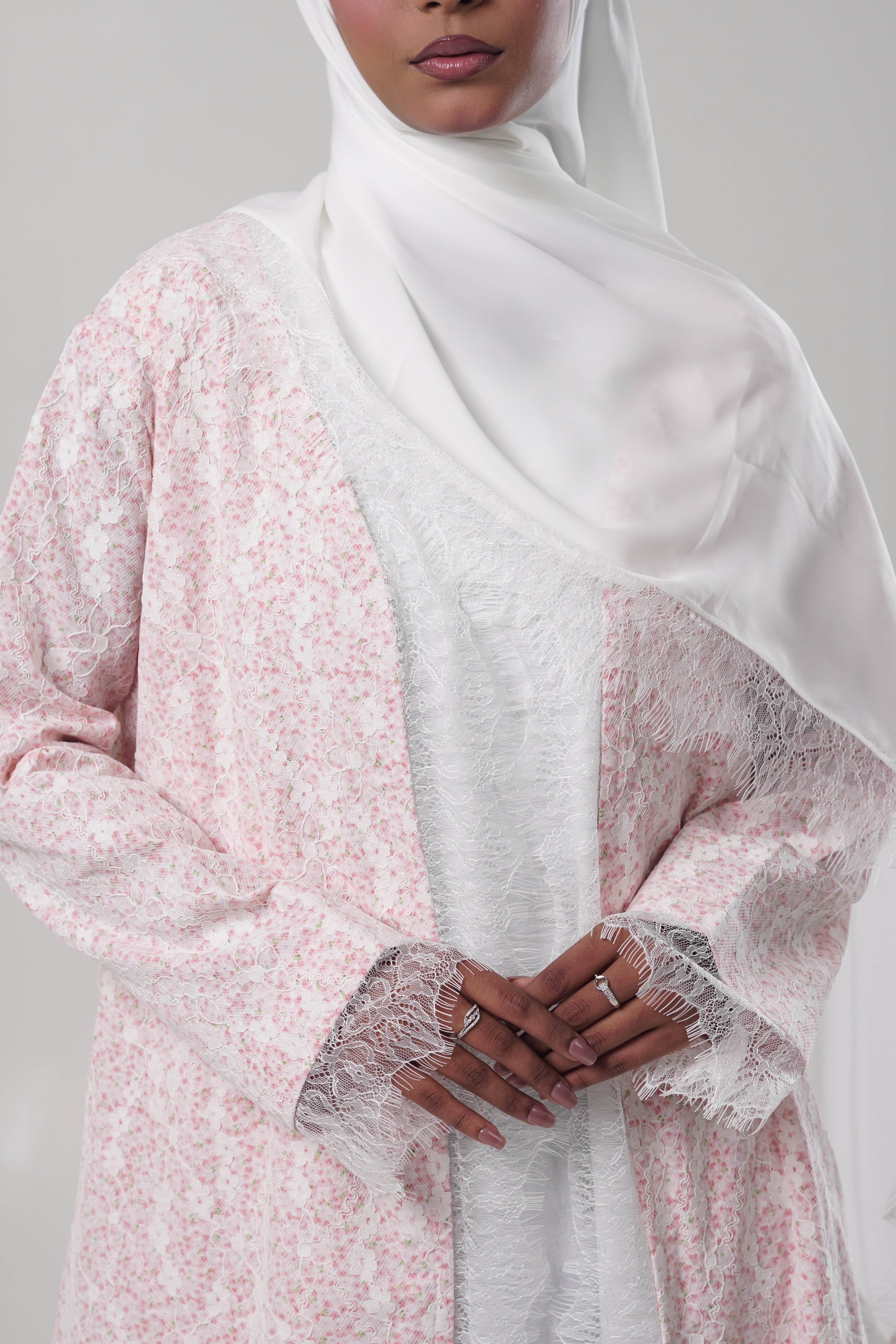 Leen — Pink Printed Chantilly Abaya