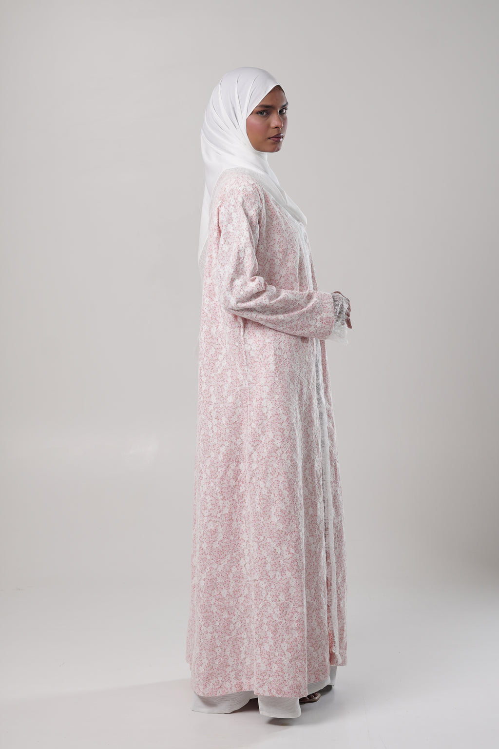 Leen — Pink Printed Chantilly Abaya
