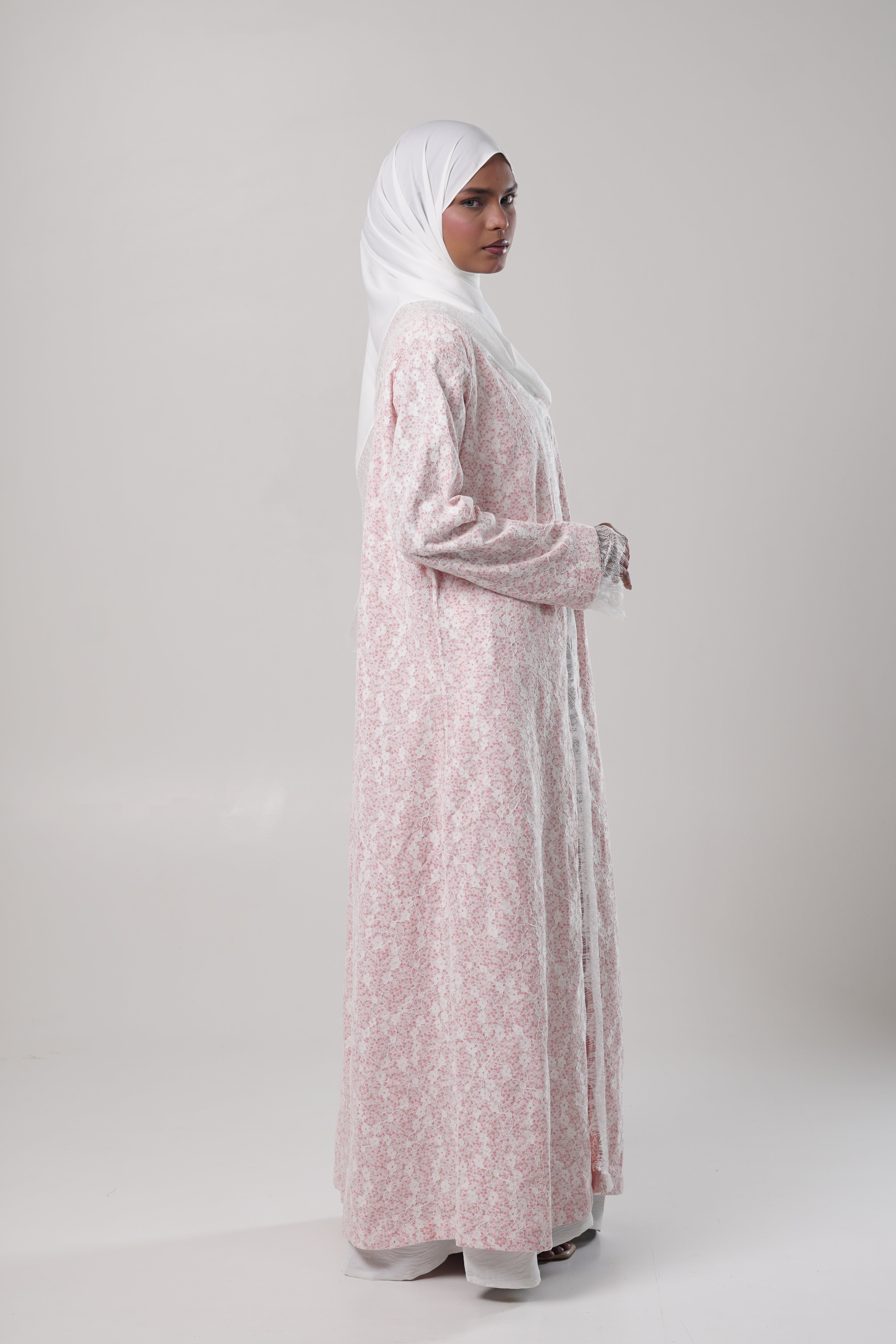 Leen — Pink Printed Chantilly Abaya