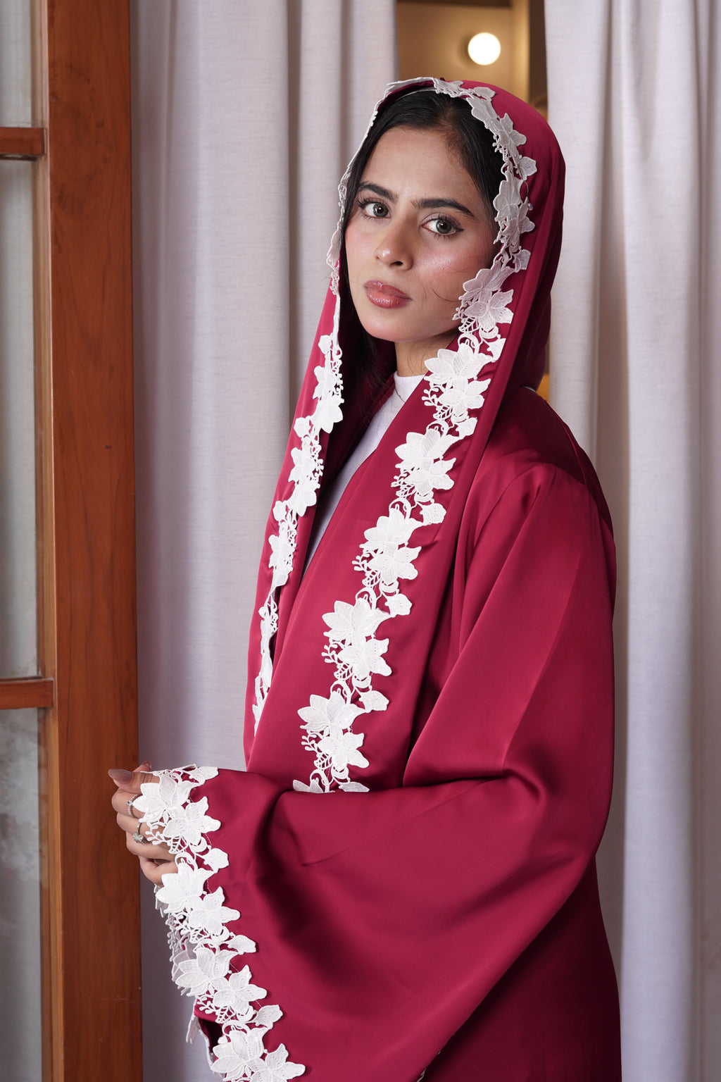 Daanah — Burgundy Satin Lace Abaya