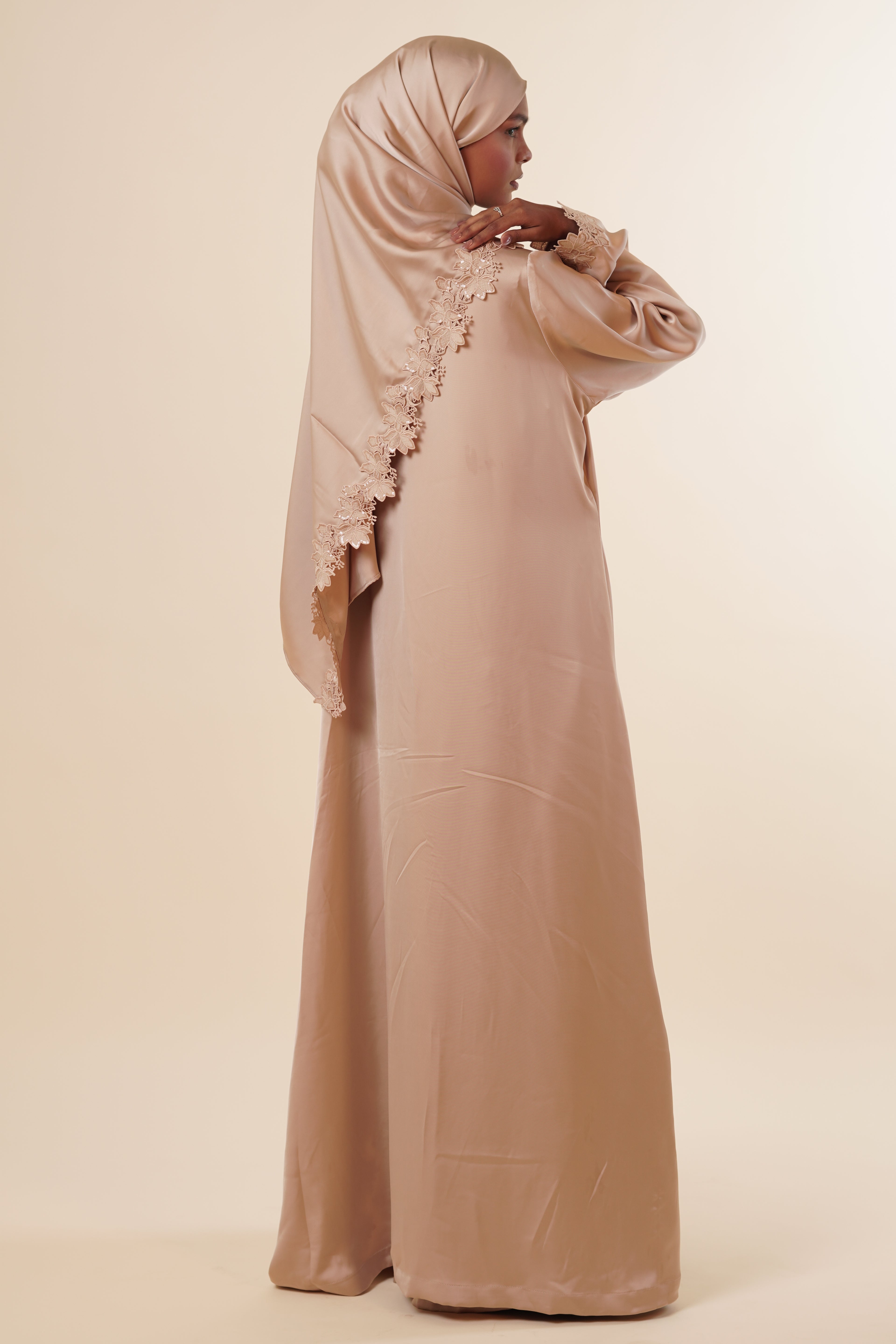 Ramlah — Beige Satin Lace Abaya