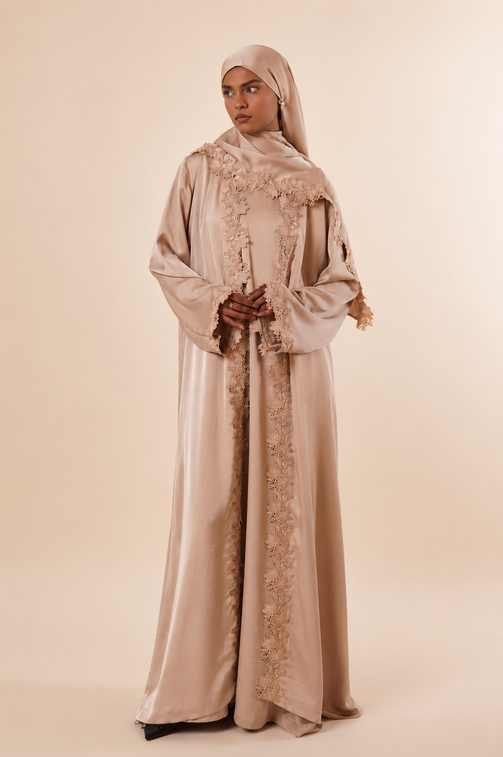 Ramlah — Beige Satin Lace Abaya