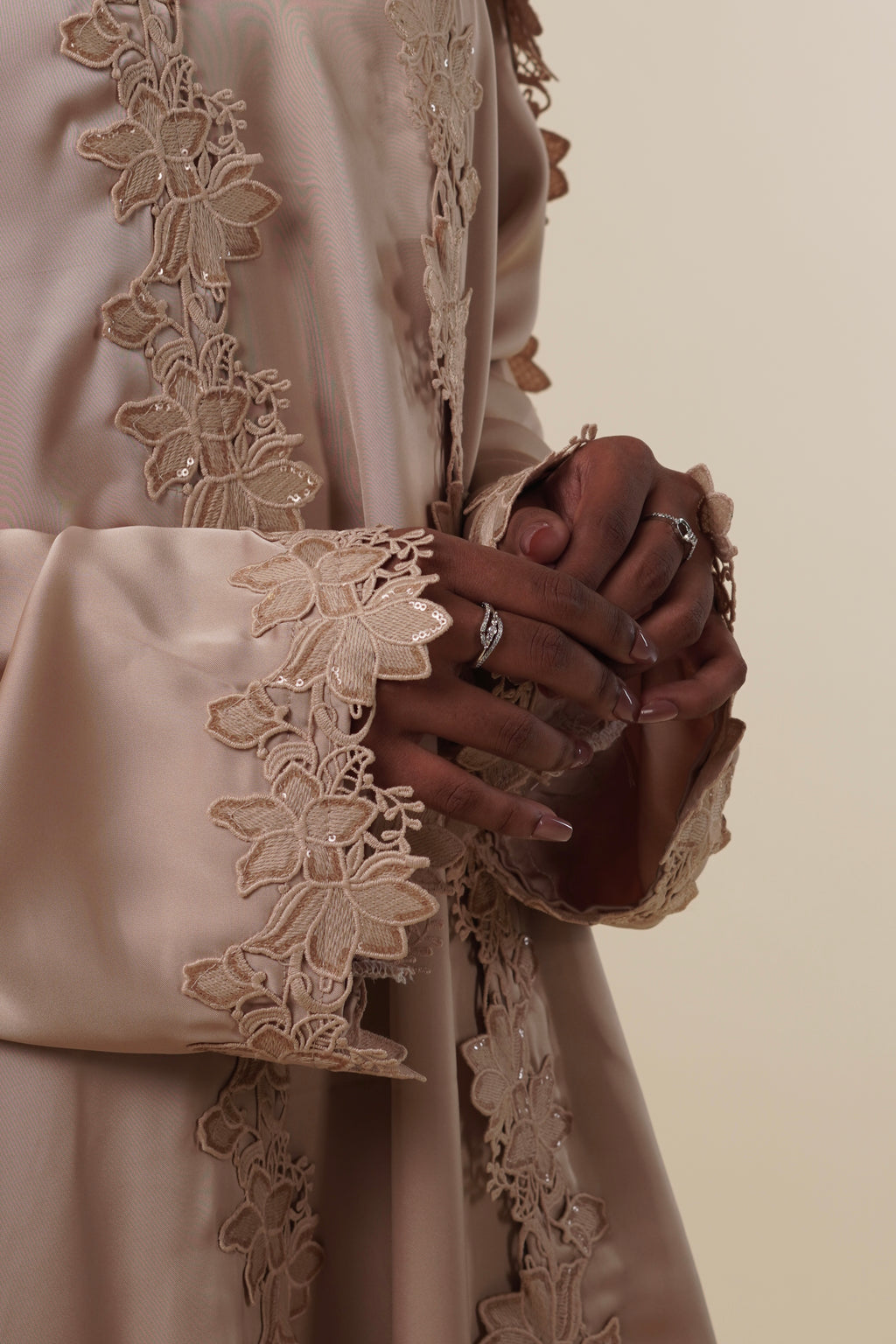 Ramlah — Beige Satin Lace Abaya