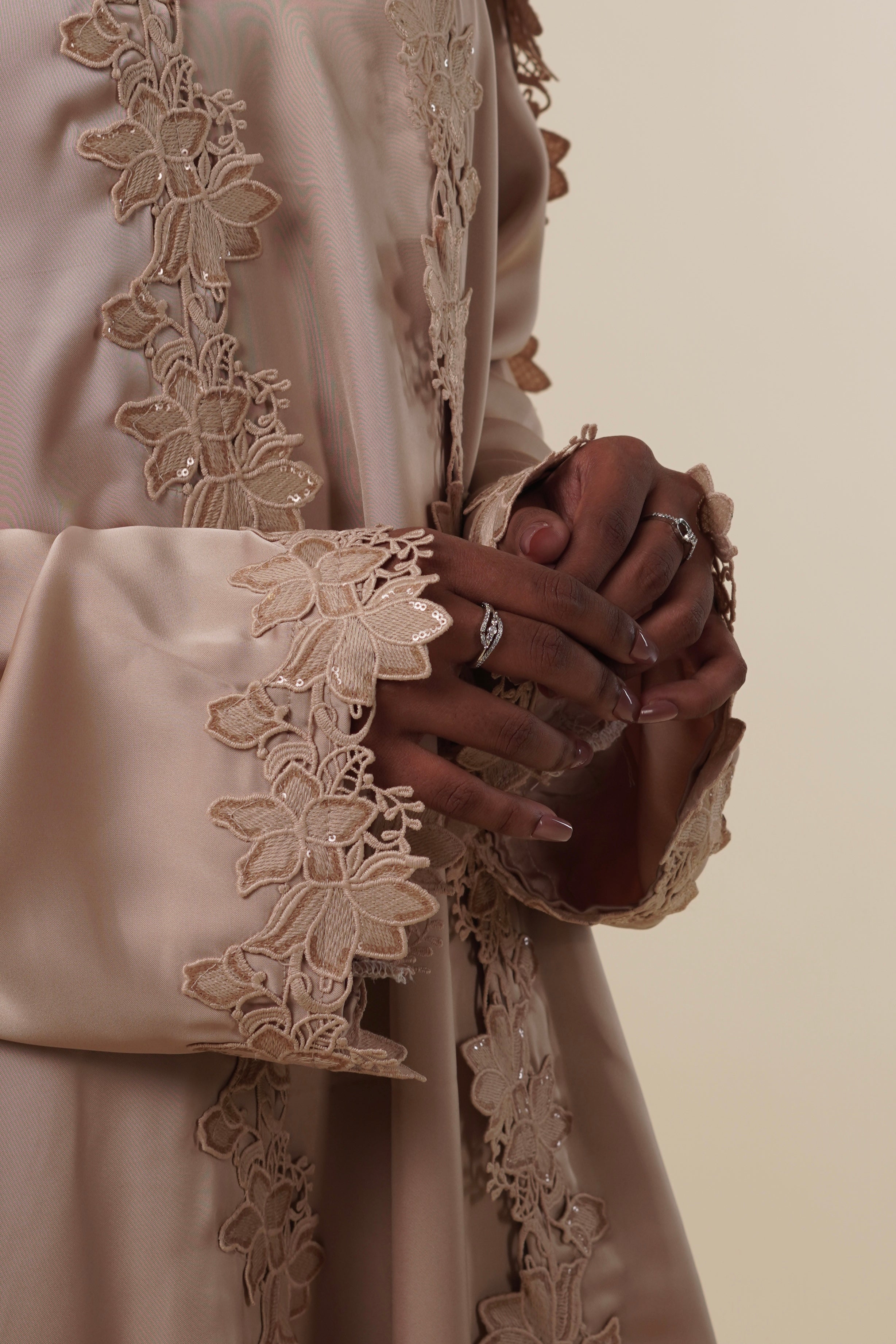 Ramlah — Beige Satin Lace Abaya