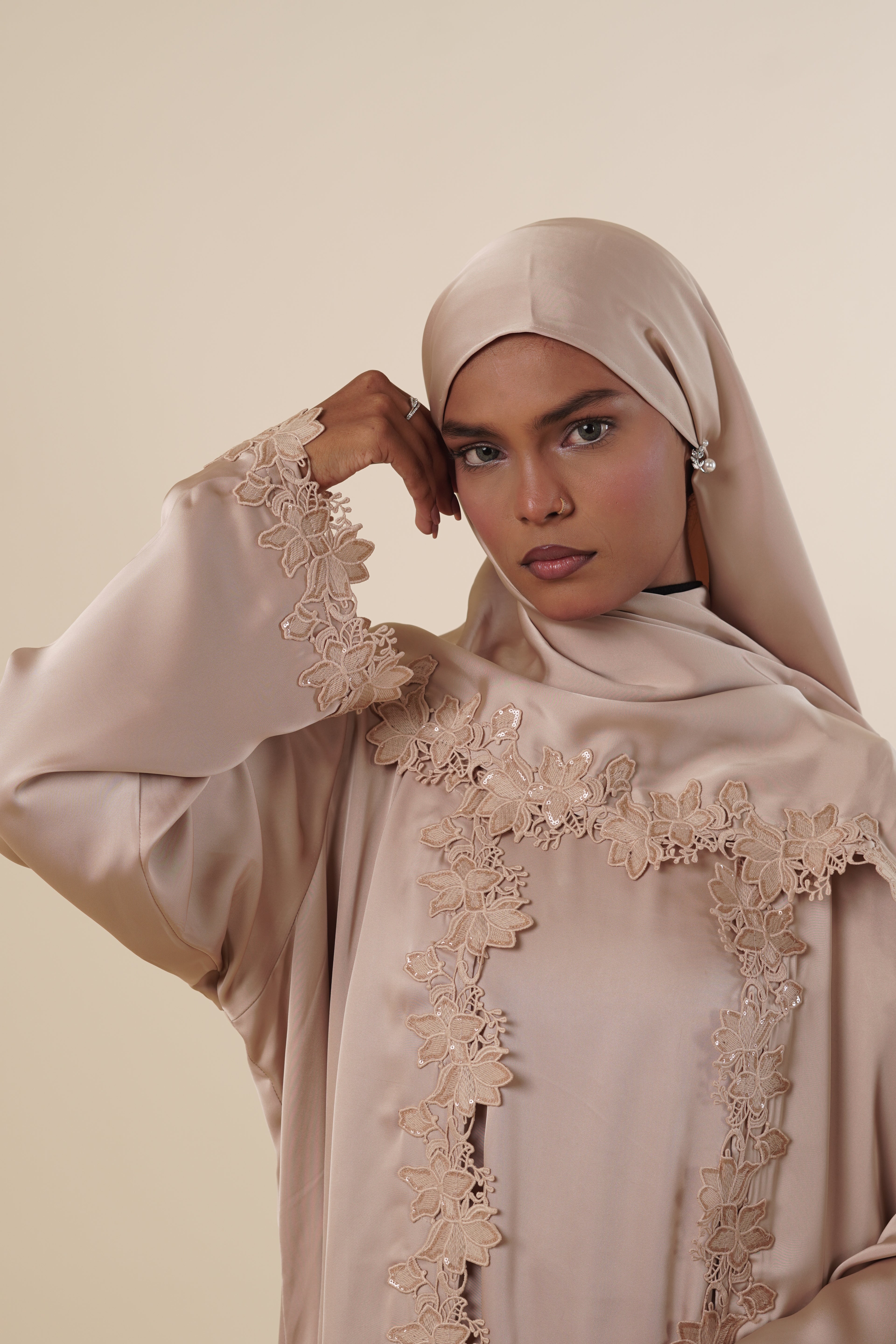 Ramlah - Beige Satin Lace Abaya