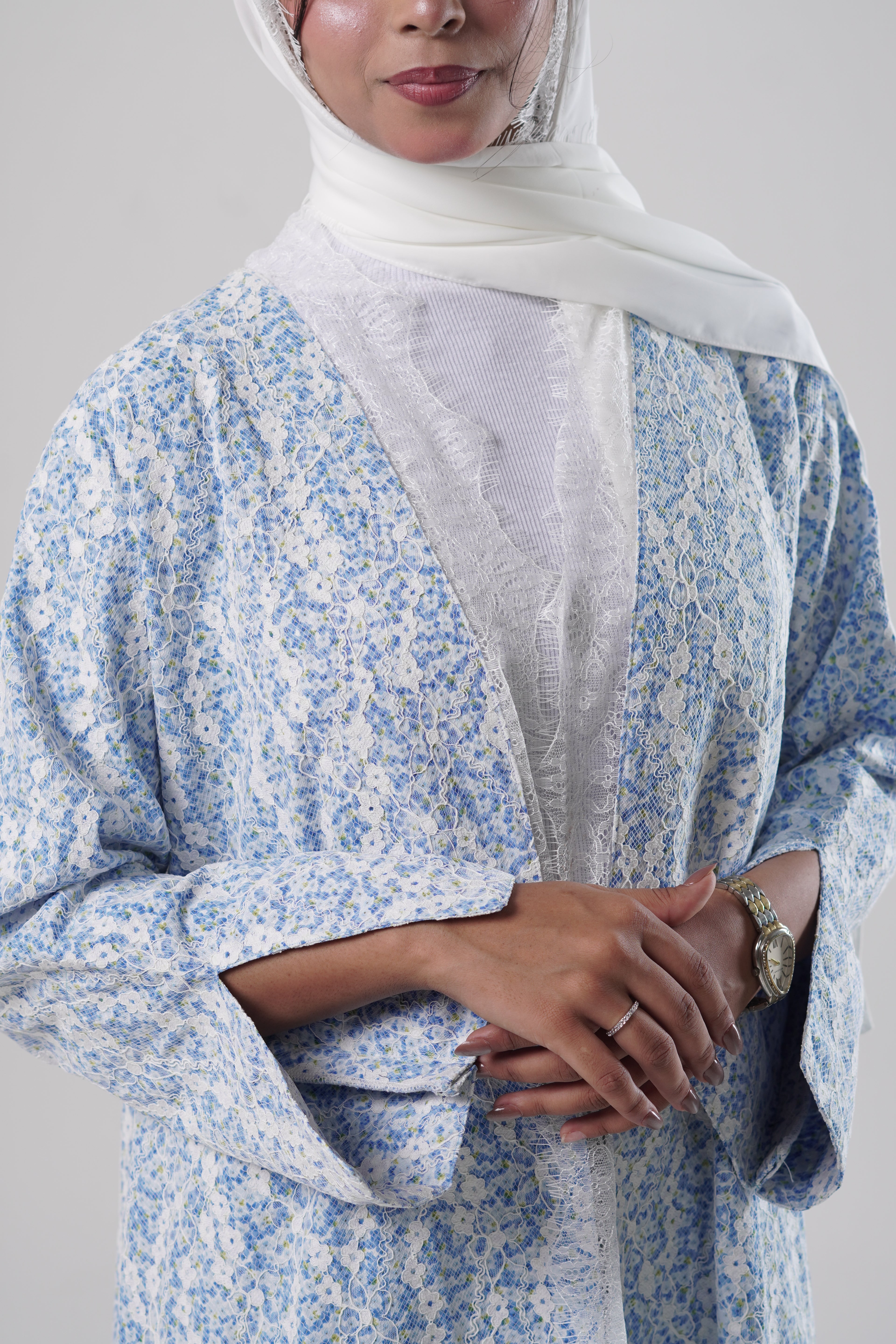 Dima — Blue Printed Chantilly Abaya