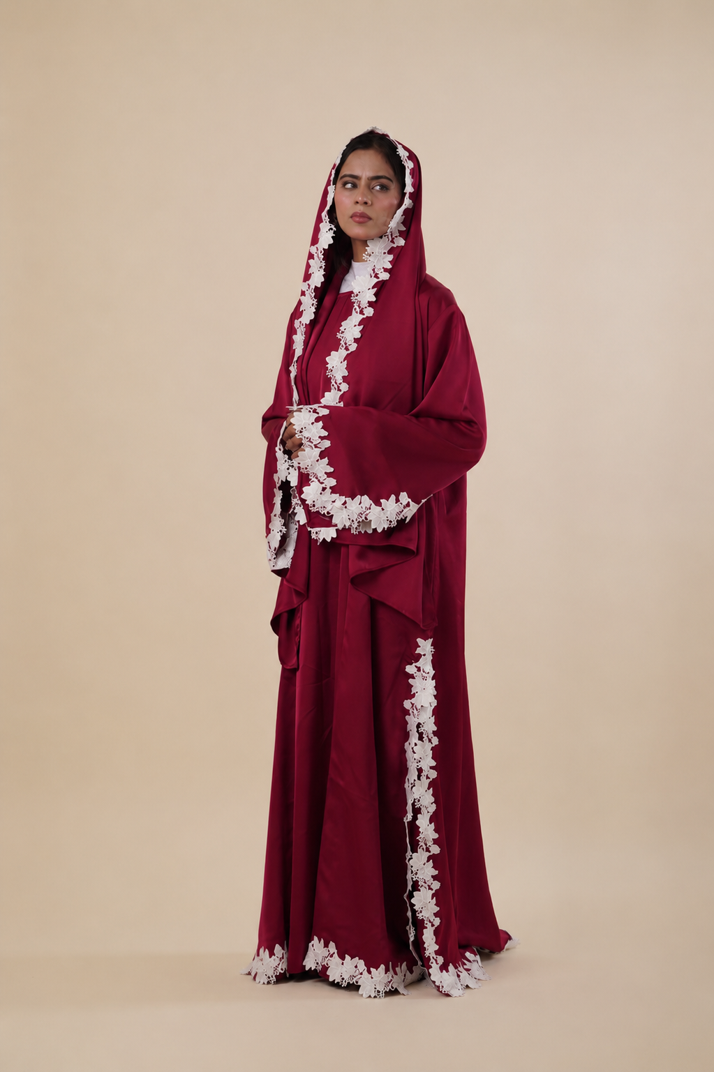 Daanah — Burgundy Satin Lace Abaya